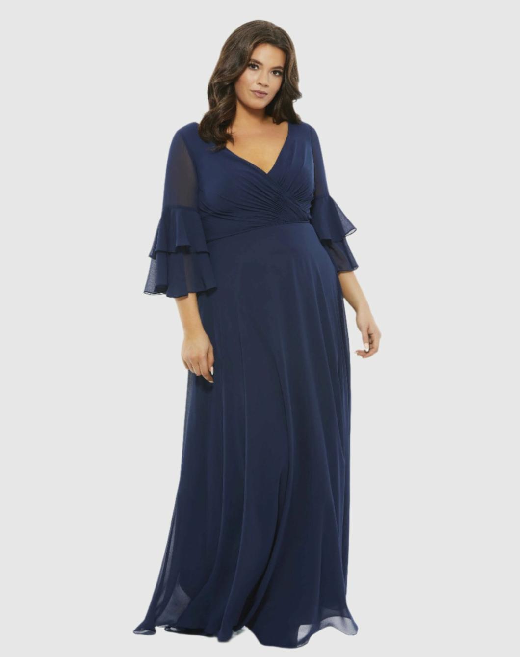 Plus Size Dresses | Women Mac Duggal Pleated Bell Sleeve Chiffon Gown (Plus) Navy