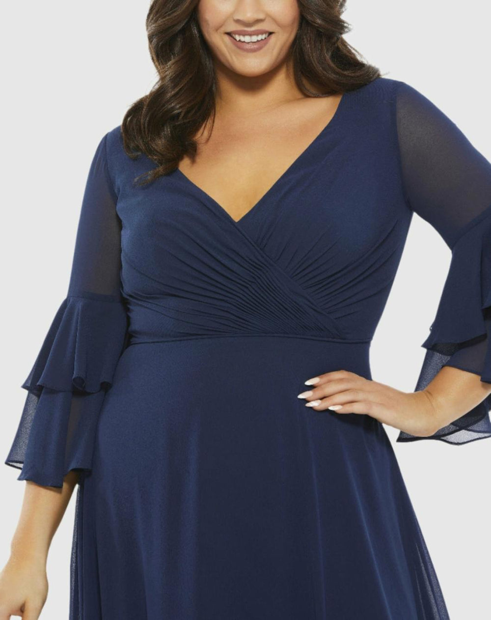 Plus Size Dresses | Women Mac Duggal Pleated Bell Sleeve Chiffon Gown (Plus) Navy