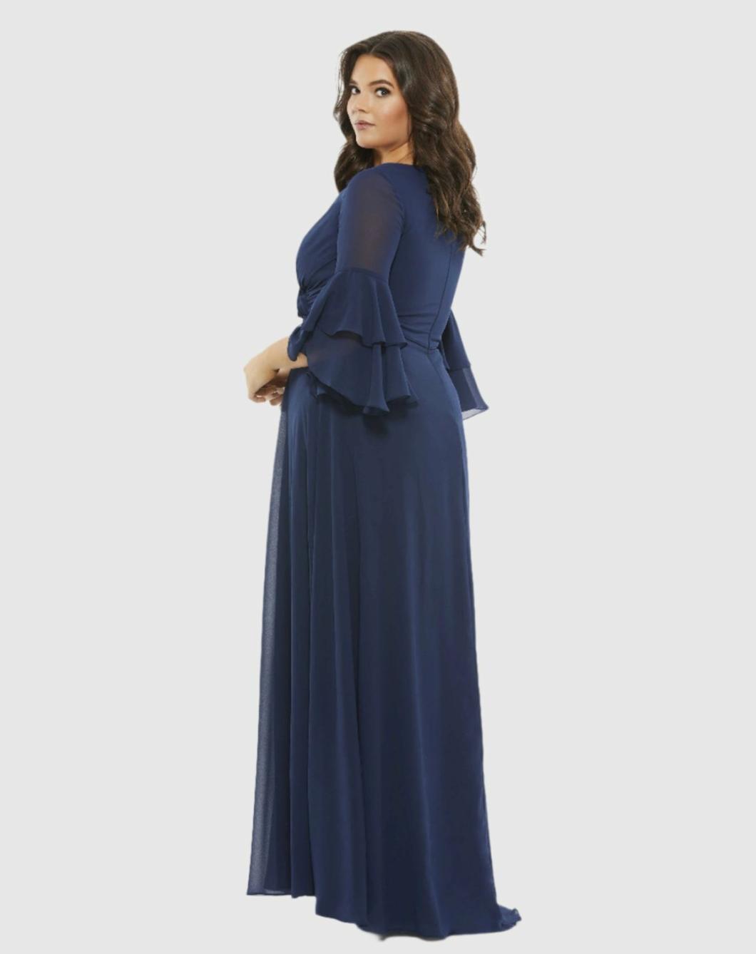 Plus Size Dresses | Women Mac Duggal Pleated Bell Sleeve Chiffon Gown (Plus) Navy