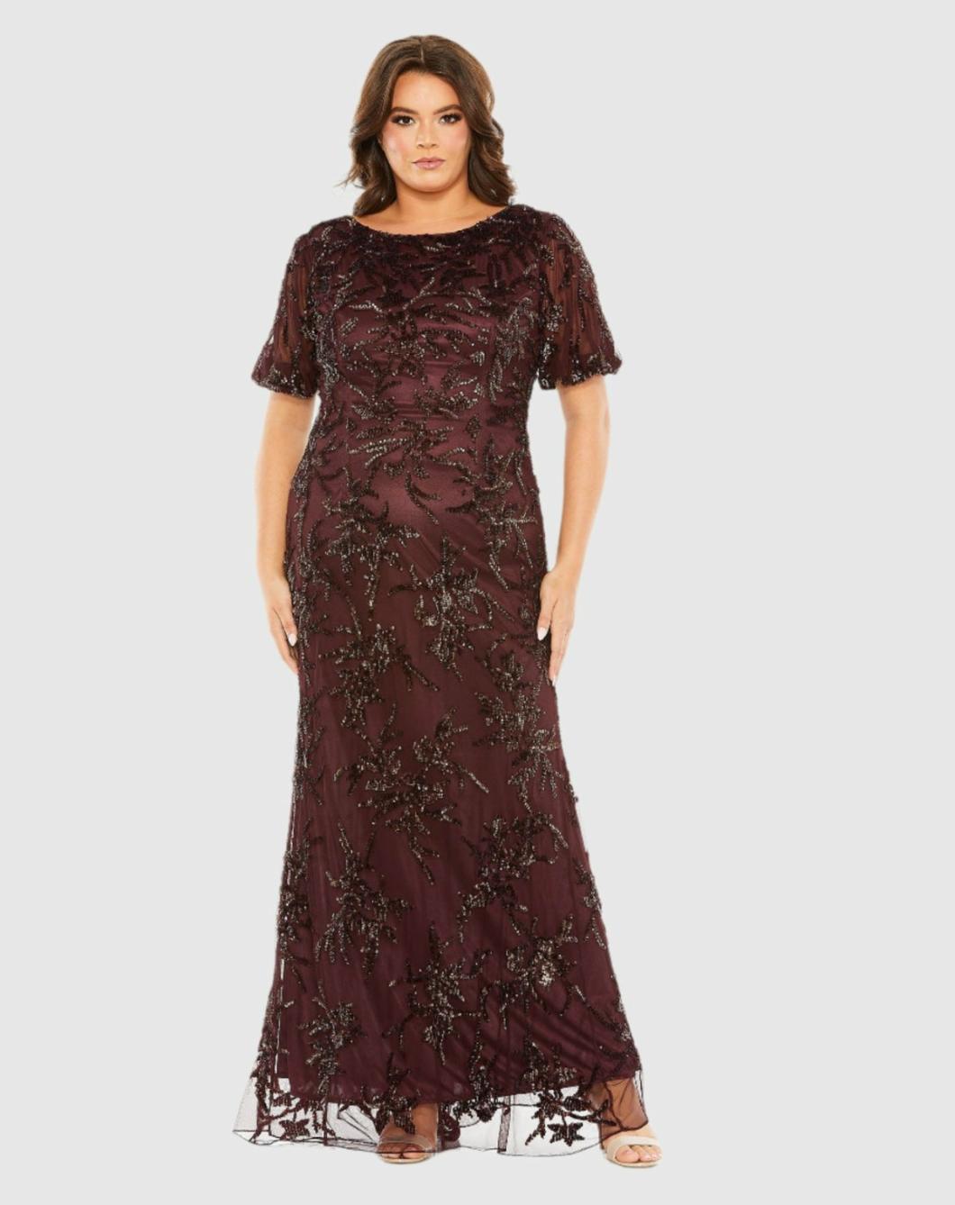Plus Size Dresses | Women Mac Duggal Puff Short Sleeve Embellished Dress Mahogany
