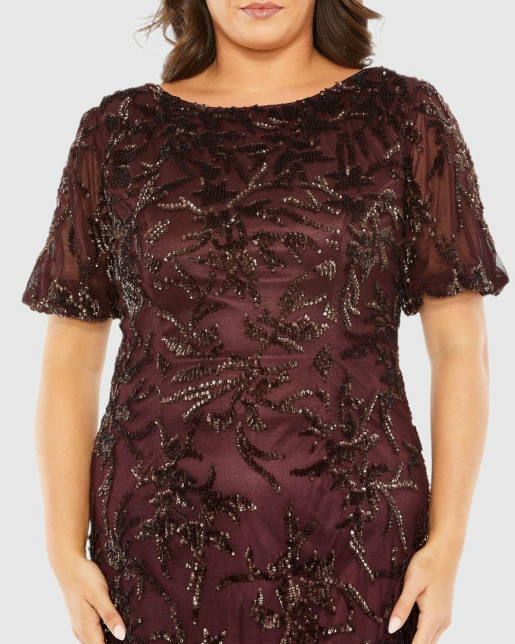 Plus Size Dresses | Women Mac Duggal Puff Short Sleeve Embellished Dress Mahogany