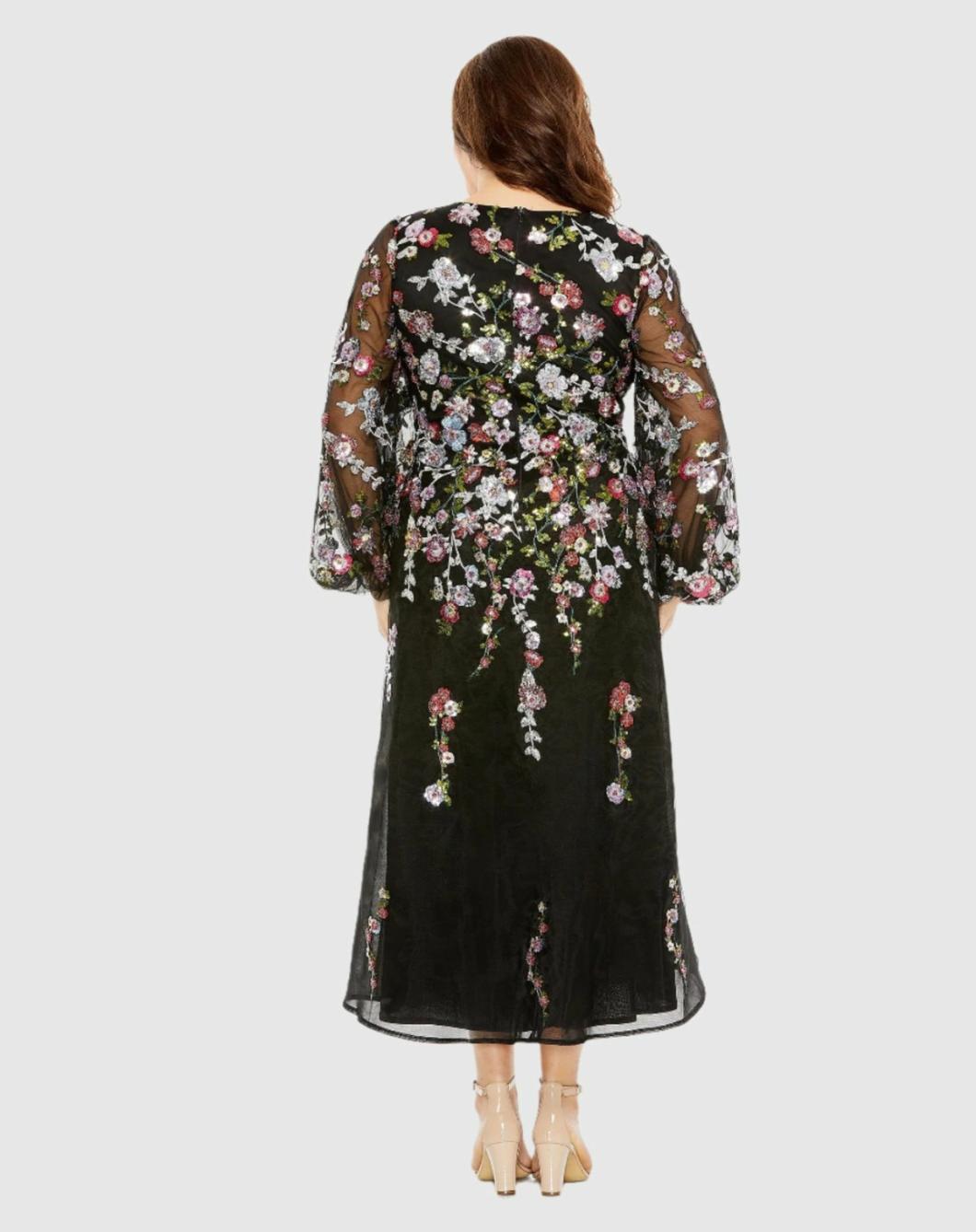 Plus Size Dresses | Women Mac Duggal Puff Sleeve Embellished A Line Dress Black Multi