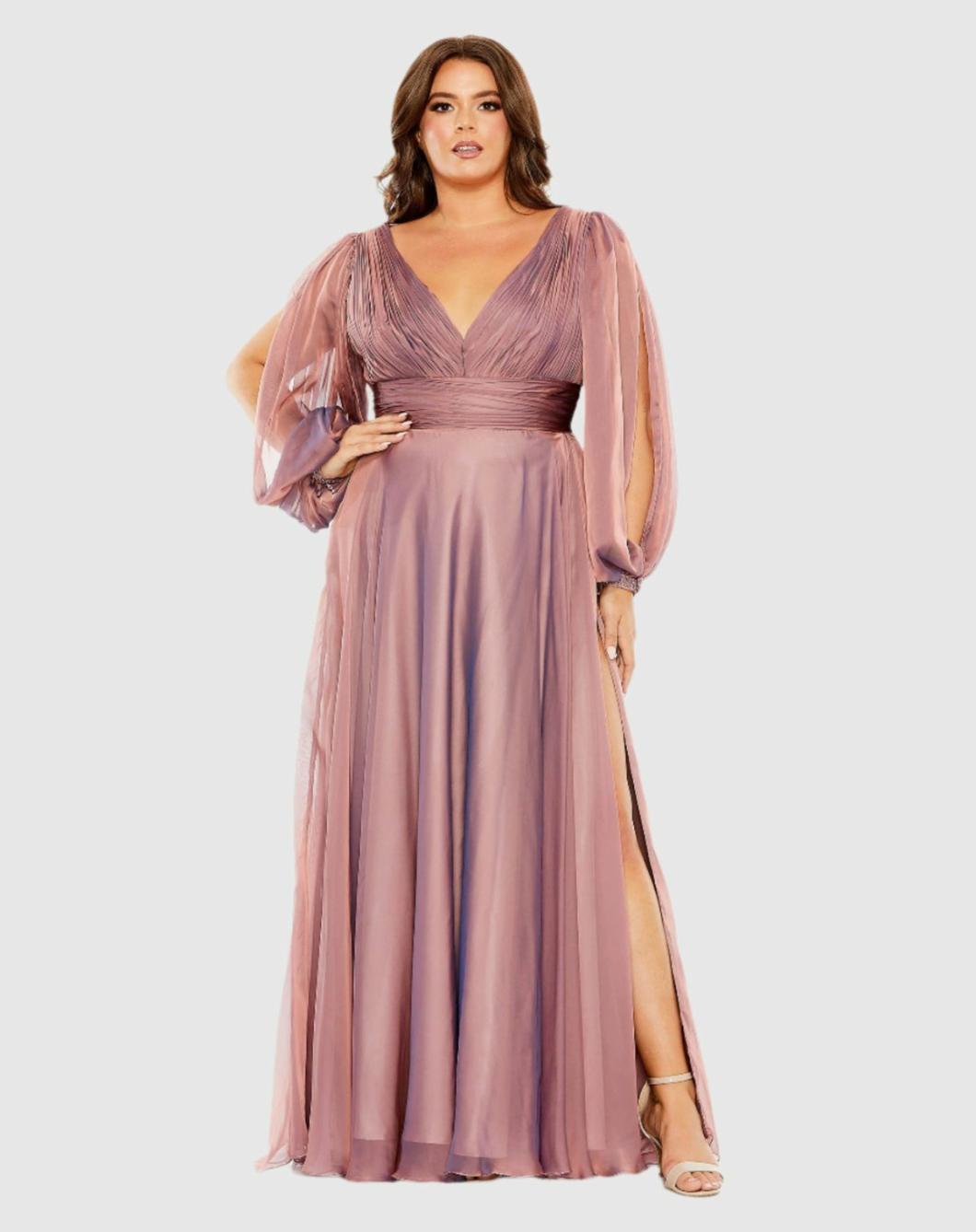 Plus Size Dresses | Women Mac Duggal Puff Sleeve W/ Embellished Cuff V Neck A Line Dress Antique Rose