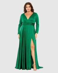 Plus Size Dresses | Women Mac Duggal Quarter Sleeve V Neck A Line Gown Emerald