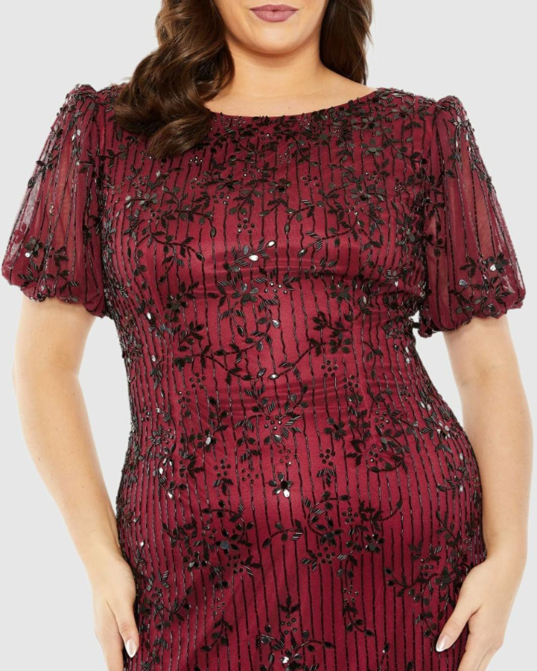 Plus Size Dresses | Women Mac Duggal Red High Neck Puff Sleeve Embellished Dress Burgundy