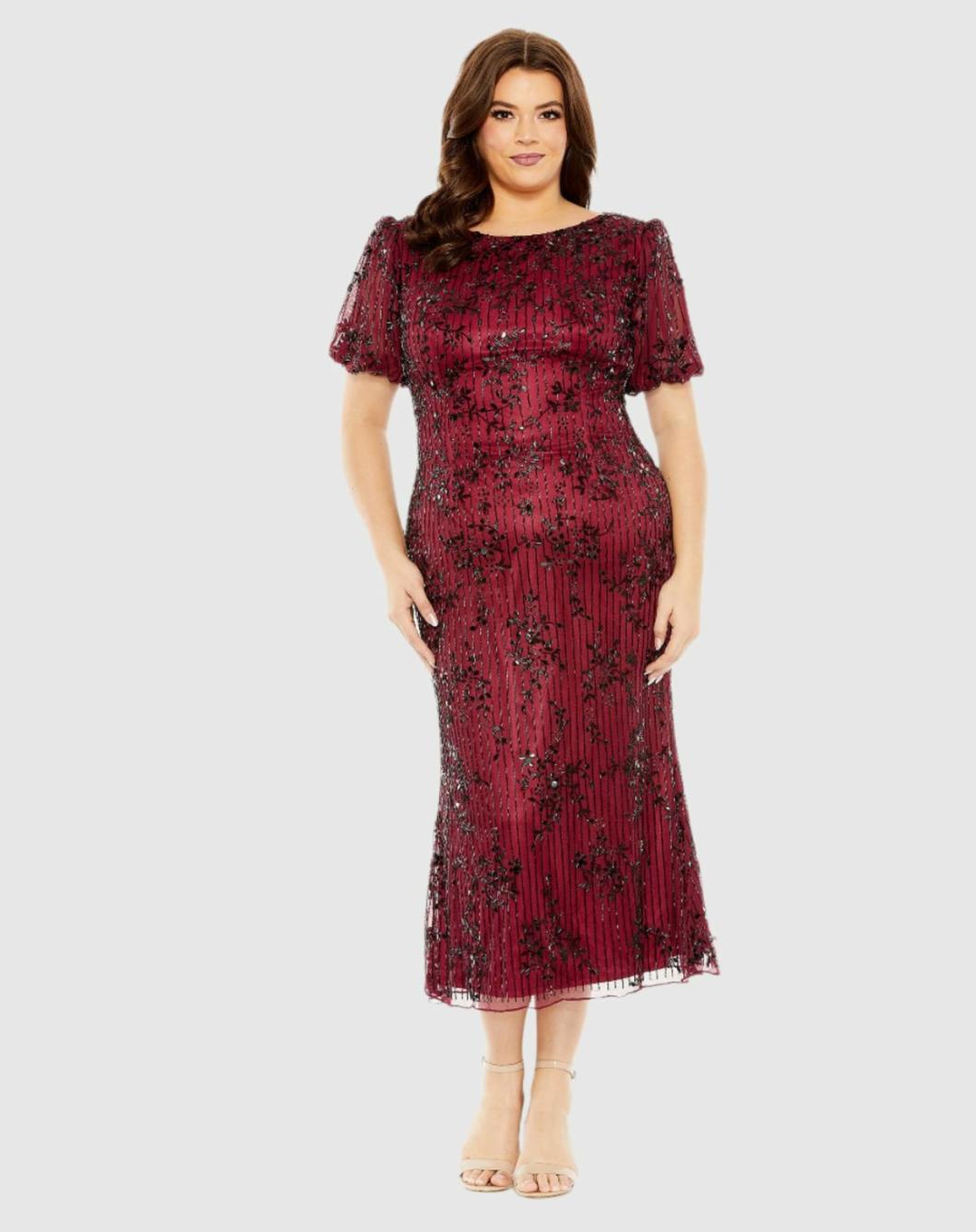 Plus Size Dresses | Women Mac Duggal Red High Neck Puff Sleeve Embellished Dress Burgundy
