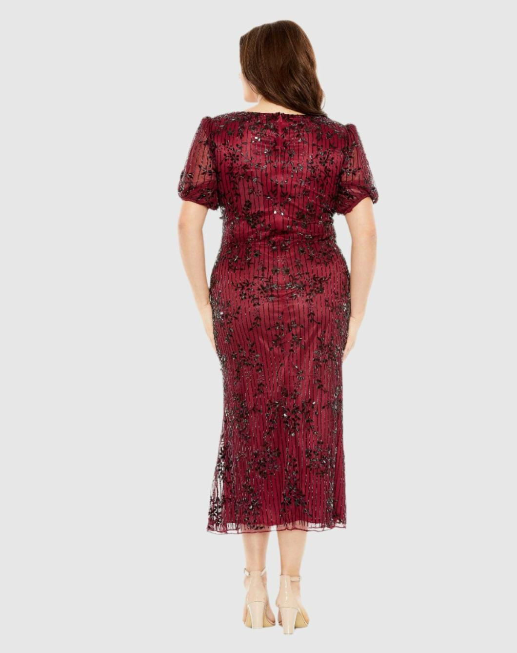 Plus Size Dresses | Women Mac Duggal Red High Neck Puff Sleeve Embellished Dress Burgundy