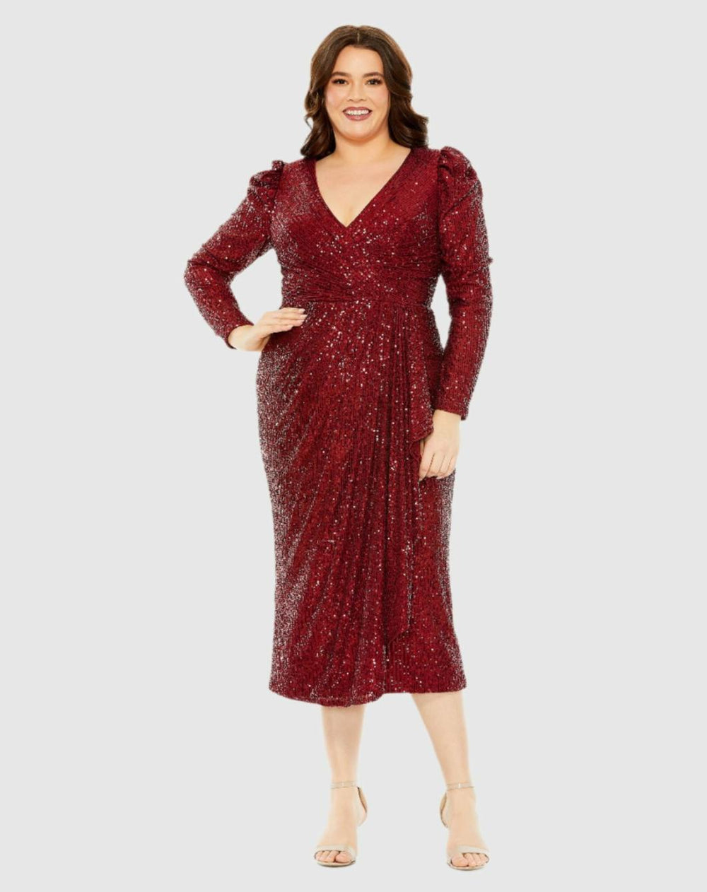 Plus Size Dresses | Women Mac Duggal Red Princess Long Sleeve V Neck Sequin Dress Wine