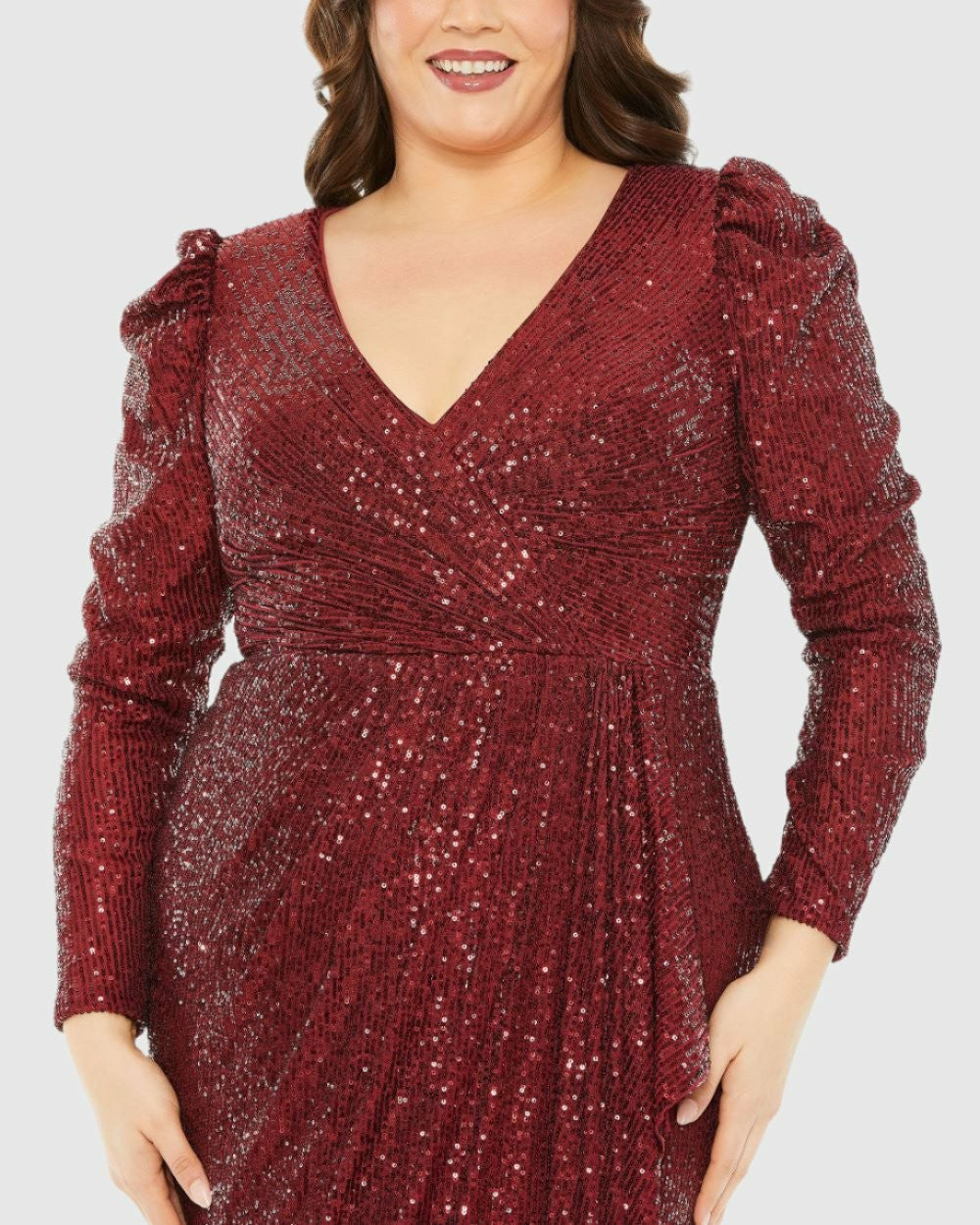 Plus Size Dresses | Women Mac Duggal Red Princess Long Sleeve V Neck Sequin Dress Wine