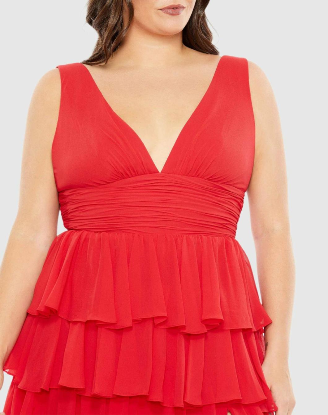 Plus Size Dresses | Women Mac Duggal Red Ruffle Tiered Sleeveless V Neck Gown (Plus) Red