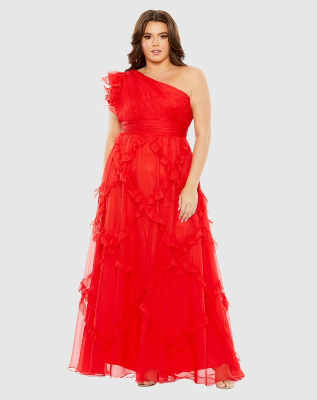 Plus Size Dresses | Women Mac Duggal Ruffled One Shoulder Ruched Plus Size Dress Red
