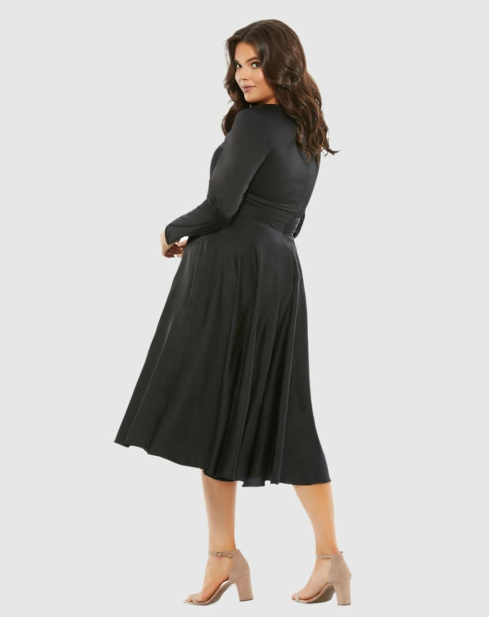 Plus Size Dresses | Women Mac Duggal Satin Long Sleeve Sweetheart Flowy Midi Dress (Plus) Black