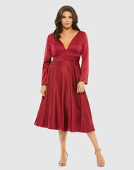 Plus Size Dresses | Women Mac Duggal Satin Long Sleeve Sweetheart Flowy Midi Dress (Plus) Black