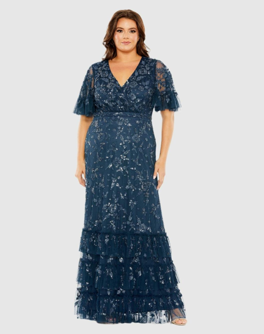 Plus Size Dresses | Women Mac Duggal Sequin Embellished Flutter Sleeve Faux Wrap V-Neck Tiered Dress Twilight