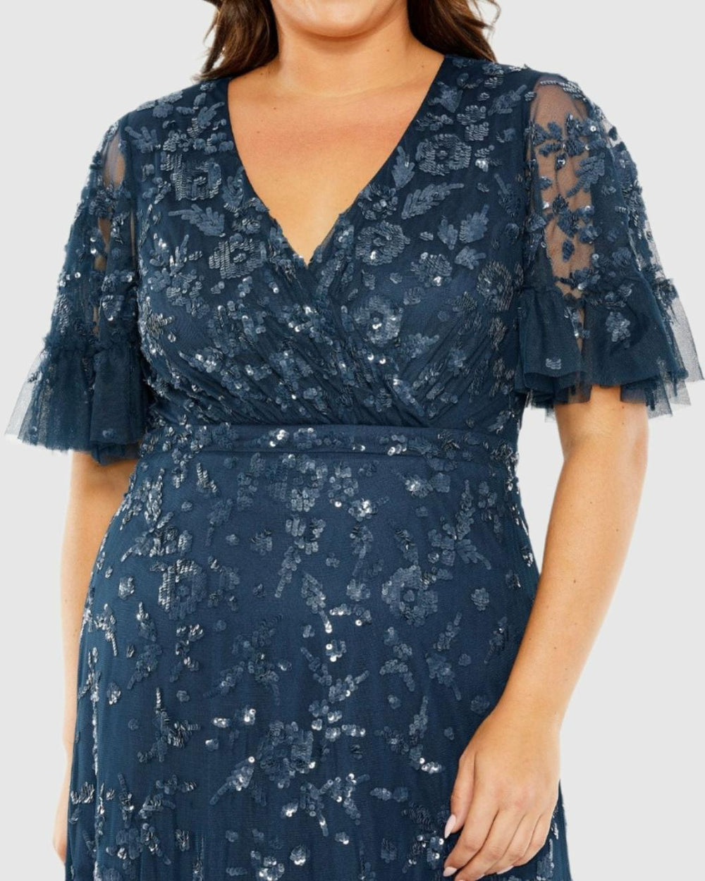 Plus Size Dresses | Women Mac Duggal Sequin Embellished Flutter Sleeve Faux Wrap V-Neck Tiered Dress Twilight