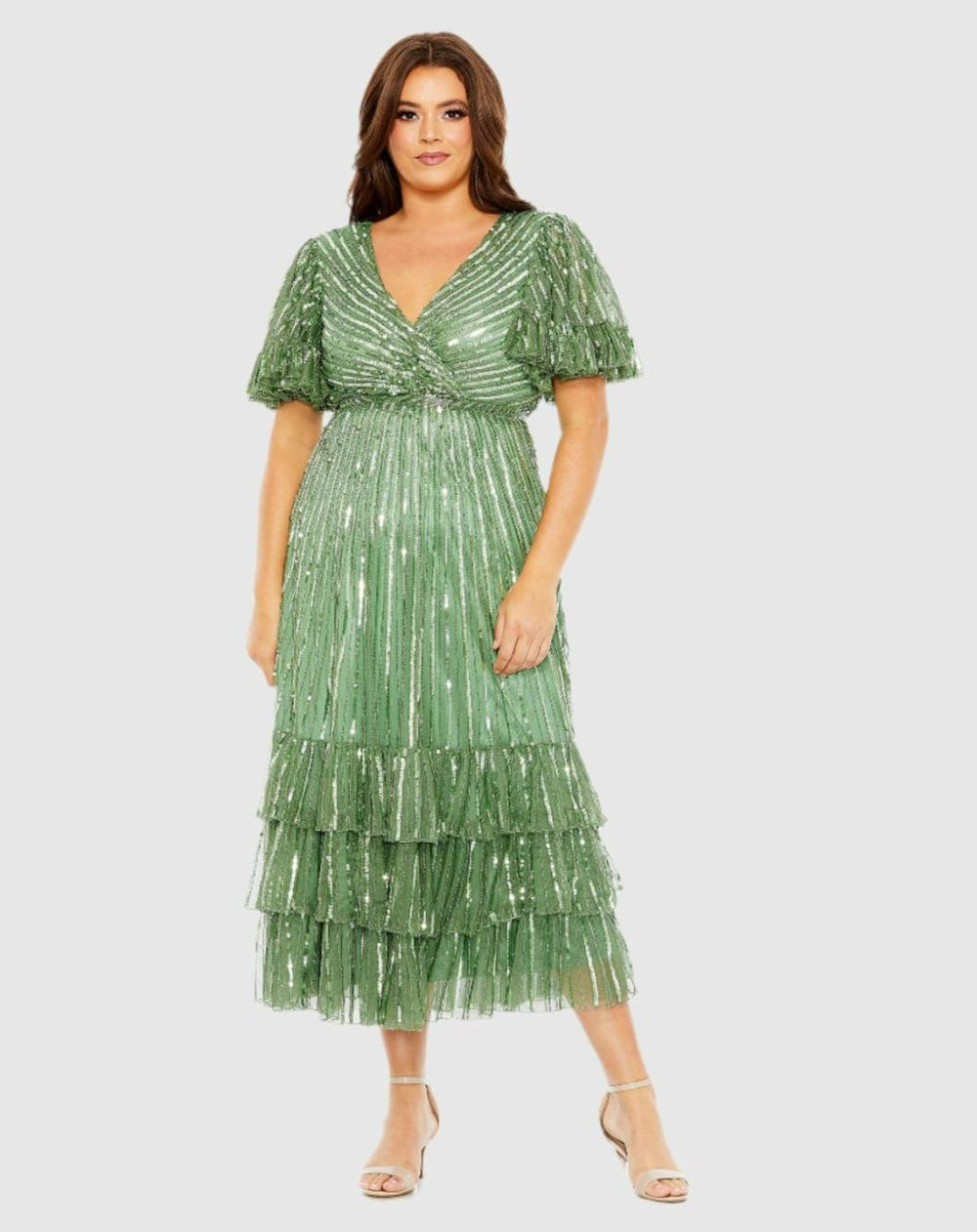 Plus Size Dresses | Women Mac Duggal Sequin Faux Wrap Flutter Sleeve Ruffle Dress Sage