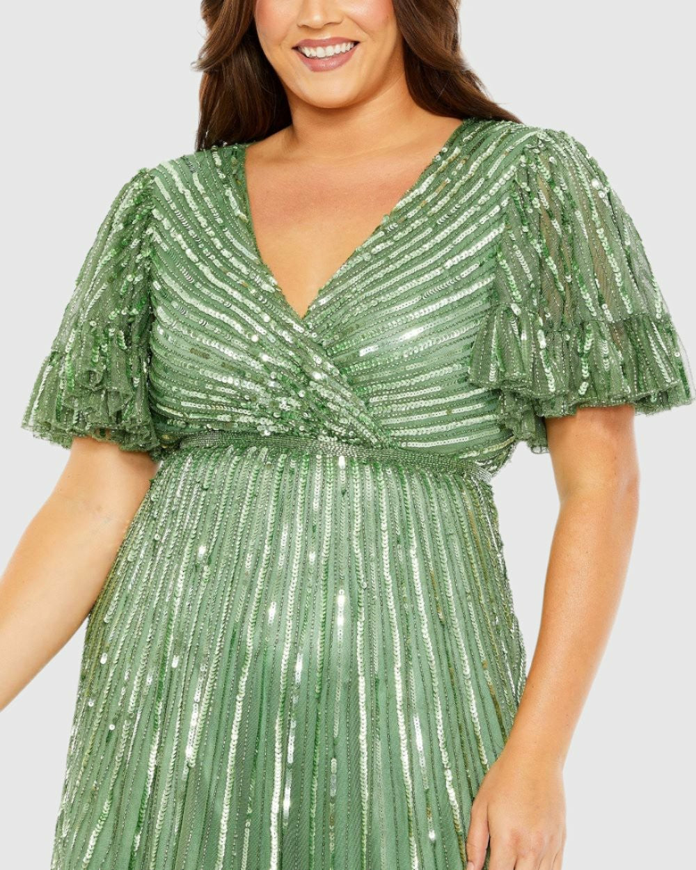 Plus Size Dresses | Women Mac Duggal Sequin Faux Wrap Flutter Sleeve Ruffle Dress Sage