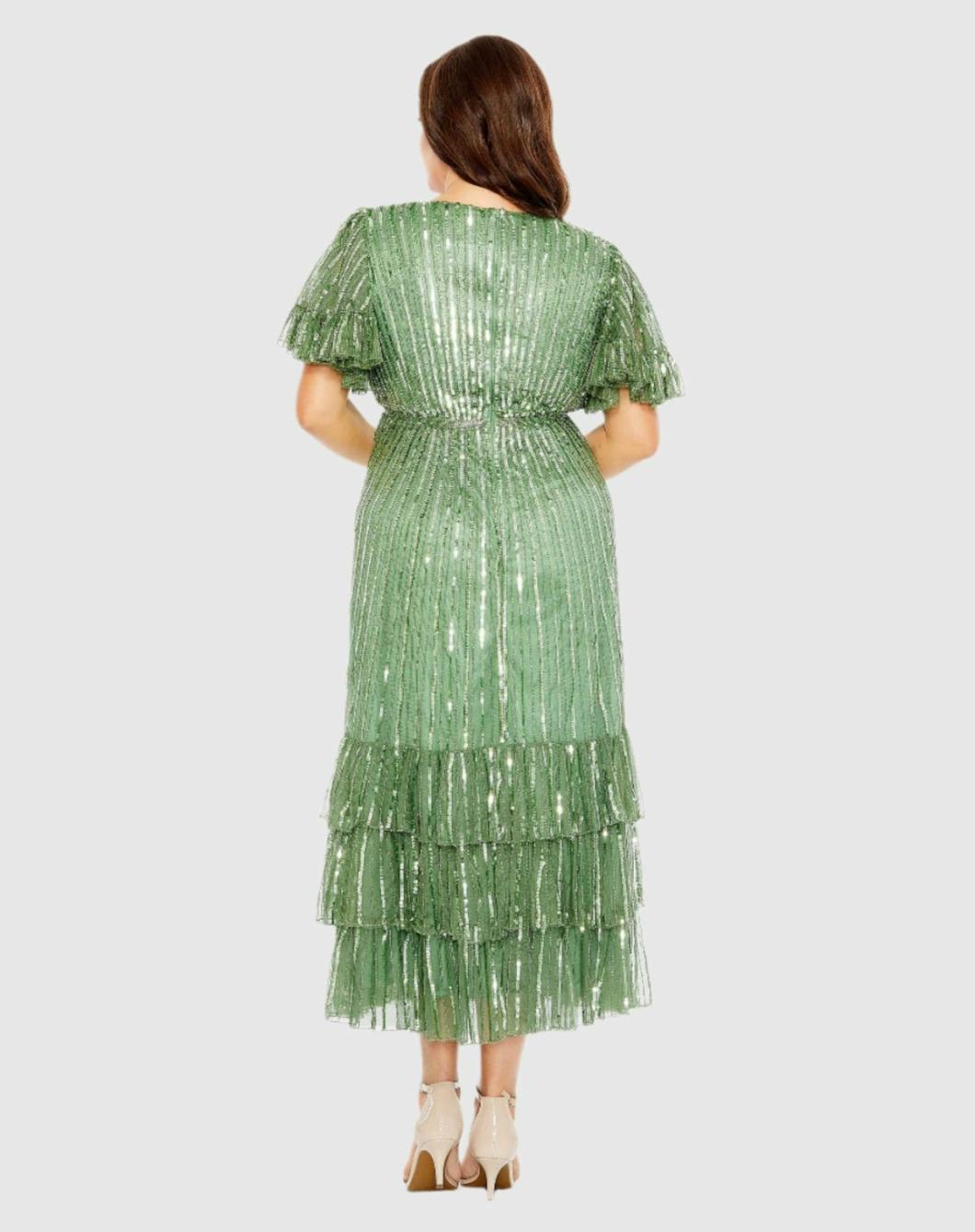 Plus Size Dresses | Women Mac Duggal Sequin Faux Wrap Flutter Sleeve Ruffle Dress Sage