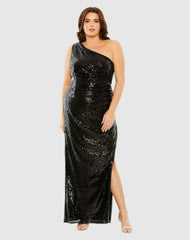 Plus Size Dresses | Women Mac Duggal Sequin One Shoulder Side Cutout Gown Black