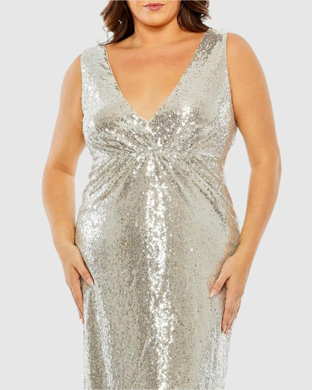 Plus Size Dresses | Women Mac Duggal Sequin V-neck Back Cutout Gown Nude Silver