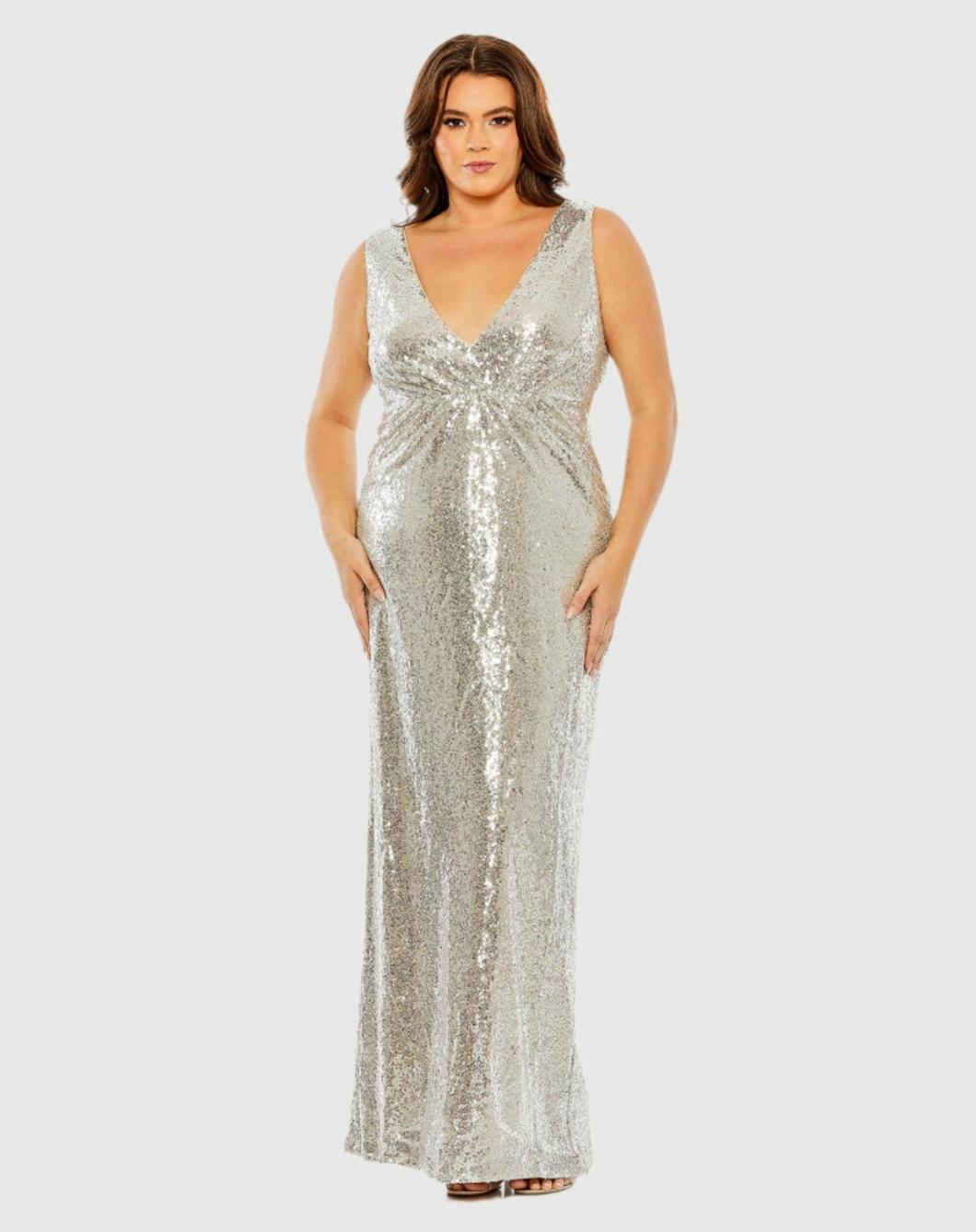 Plus Size Dresses | Women Mac Duggal Sequin V-neck Back Cutout Gown Nude Silver