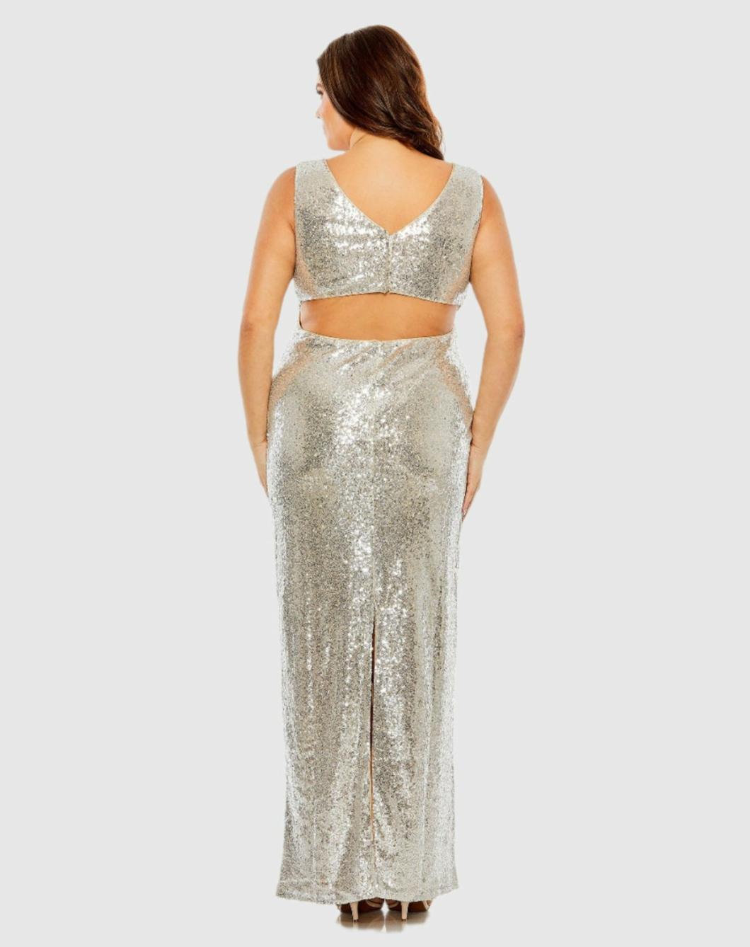 Plus Size Dresses | Women Mac Duggal Sequin V-neck Back Cutout Gown Nude Silver
