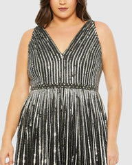 Plus Size Dresses | Women Mac Duggal Sequined Striped Sleeveless V Neck A Line Gown (Plus) Apricot