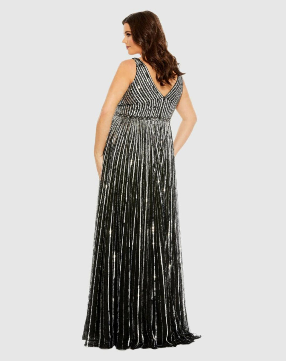 Plus Size Dresses | Women Mac Duggal Sequined Striped Sleeveless V Neck A Line Gown (Plus) Apricot