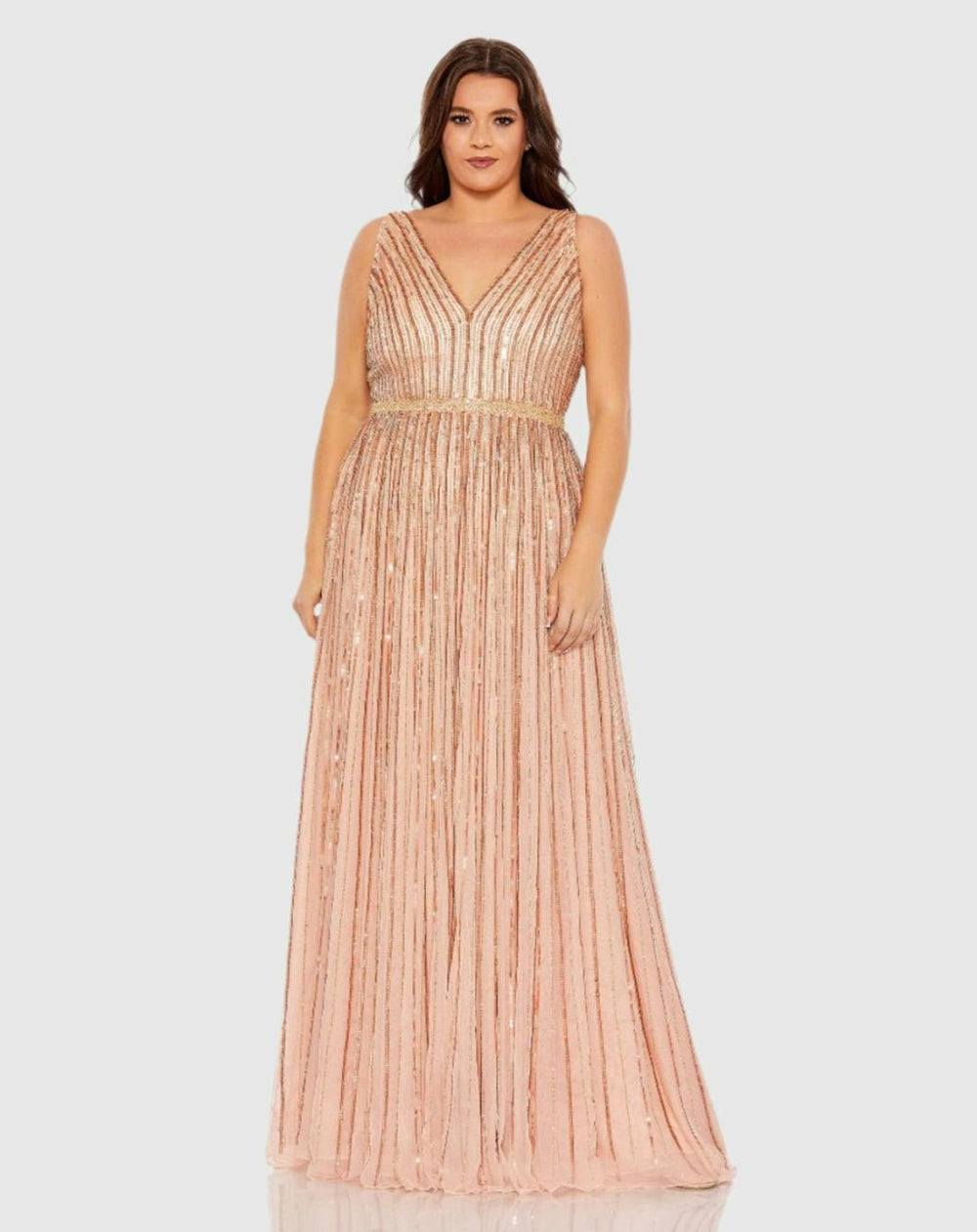 Plus Size Dresses | Women Mac Duggal Sequined Striped Sleeveless V Neck A Line Gown (Plus) Apricot