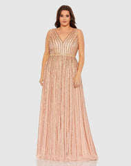 Plus Size Dresses | Women Mac Duggal Sequined Striped Sleeveless V Neck A Line Gown (Plus) Apricot