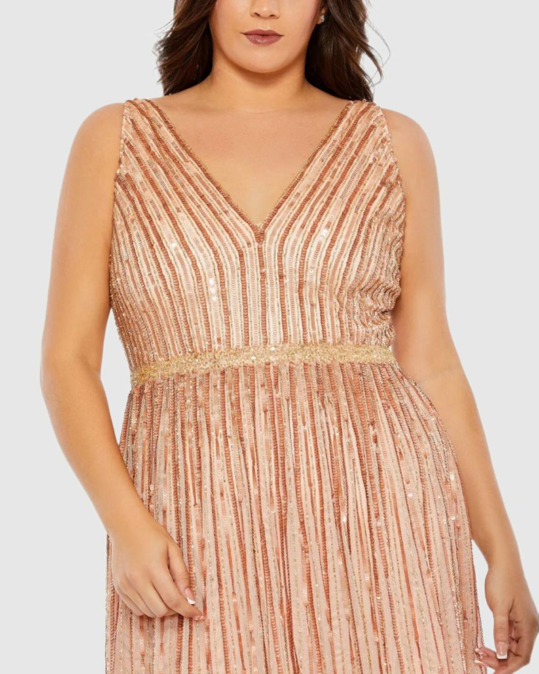 Plus Size Dresses | Women Mac Duggal Sequined Striped Sleeveless V Neck A Line Gown (Plus) Apricot
