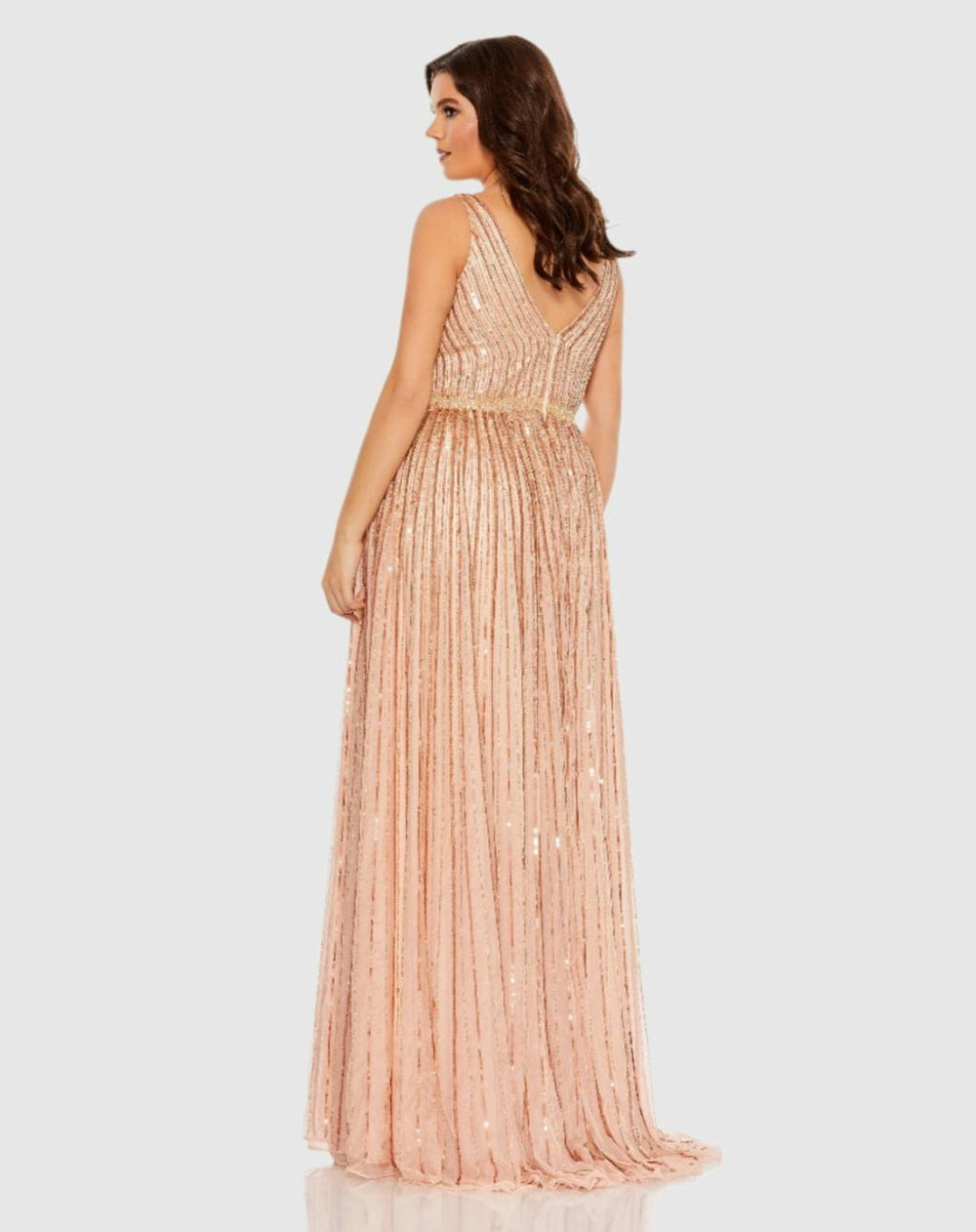 Plus Size Dresses | Women Mac Duggal Sequined Striped Sleeveless V Neck A Line Gown (Plus) Apricot