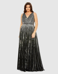 Plus Size Dresses | Women Mac Duggal Sequined Striped Sleeveless V Neck A Line Gown (Plus) Apricot