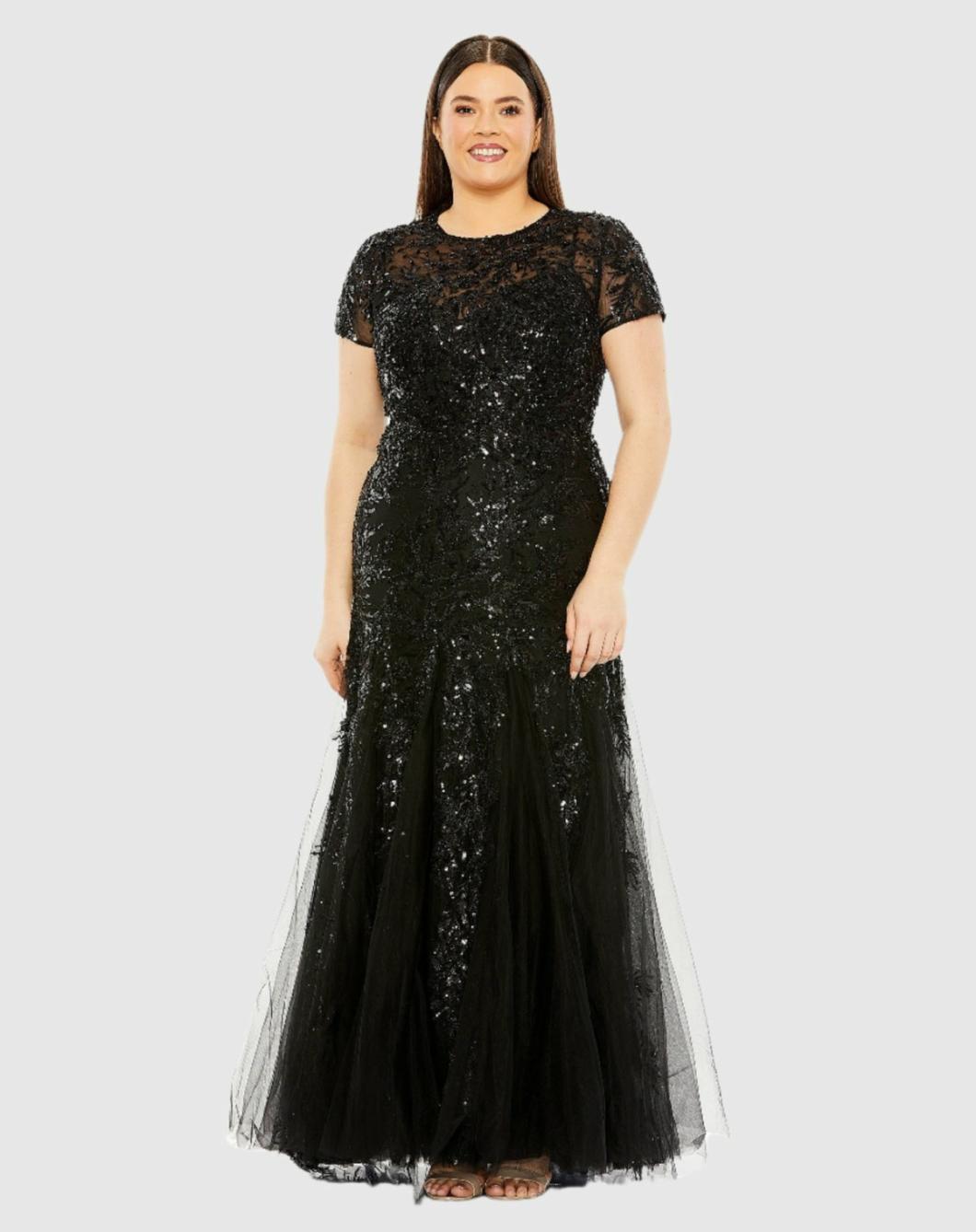 Plus Size Dresses | Women Mac Duggal Short Sleeve Heavy Applique Dress Black