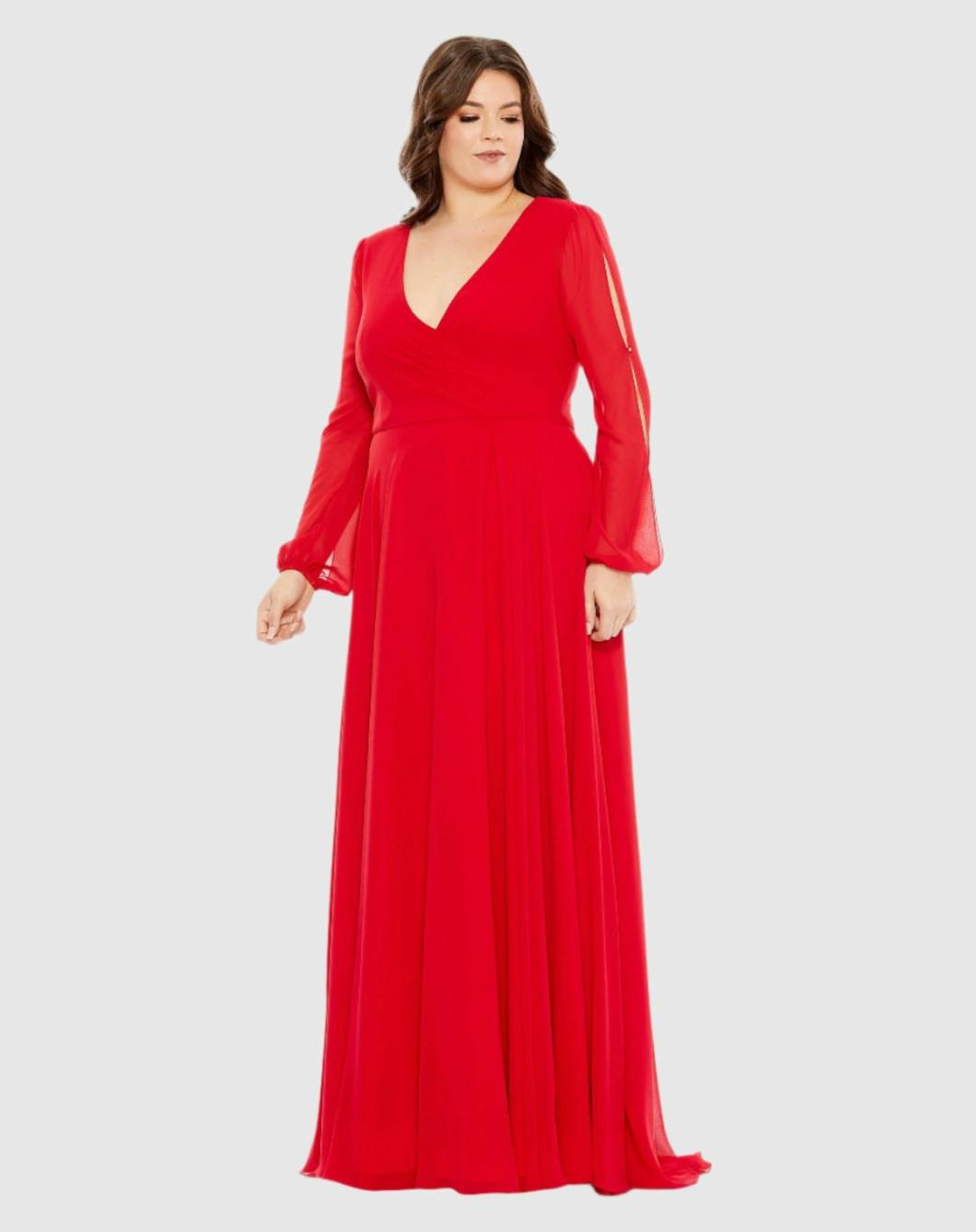 Plus Size Dresses | Women Mac Duggal Split Puff Sleeve Faux Wrap A Line Gown Red