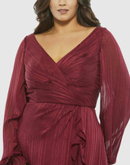 Plus Size Dresses | Women Mac Duggal Striped Faux Wrap Bishop Sleeve Gown Burgundy