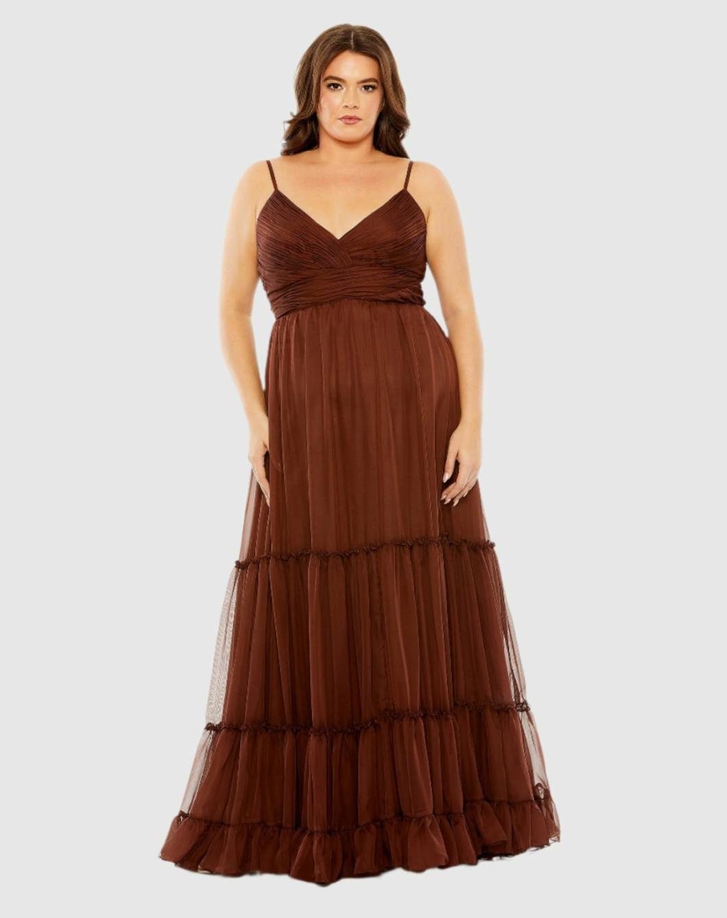 Plus Size Dresses | Women Mac Duggal Tiered V-Neckline Ruched Gown Chocolate