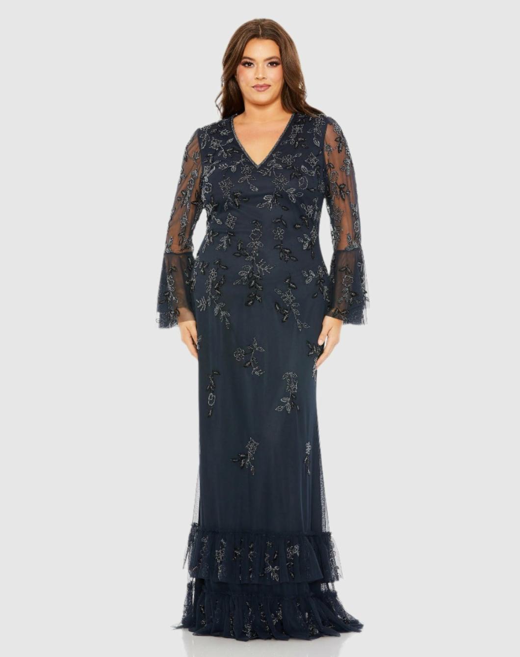 Plus Size Dresses | Women Mac Duggal V Neck Embellished Flutter Tiered Long Sleeve Dress Midnight