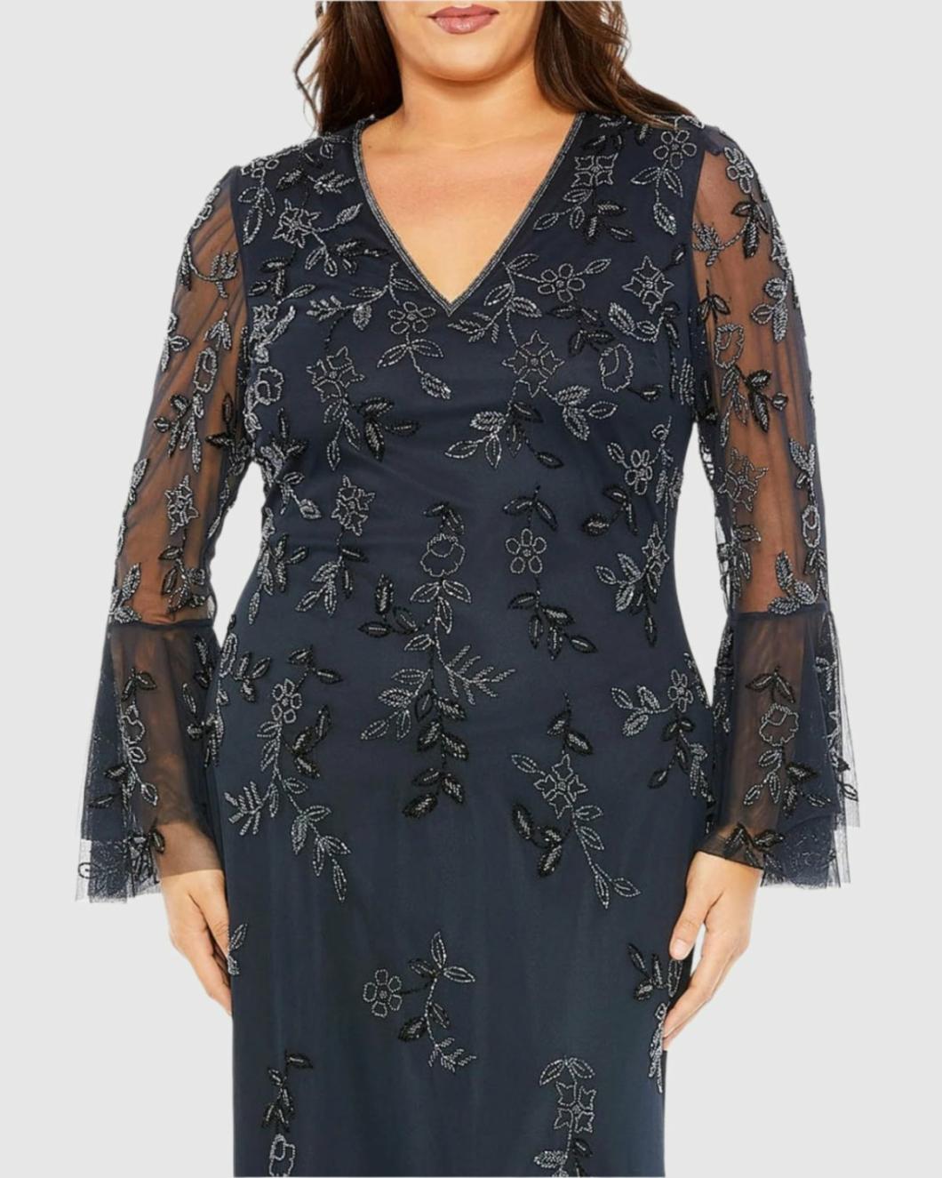 Plus Size Dresses | Women Mac Duggal V Neck Embellished Flutter Tiered Long Sleeve Dress Midnight