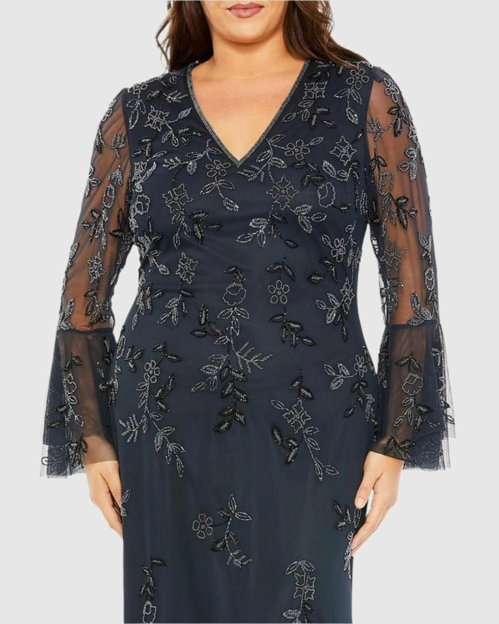 Plus Size Dresses | Women Mac Duggal V Neck Embellished Flutter Tiered Long Sleeve Dress Midnight