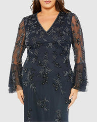 Plus Size Dresses | Women Mac Duggal V Neck Embellished Flutter Tiered Long Sleeve Dress Midnight