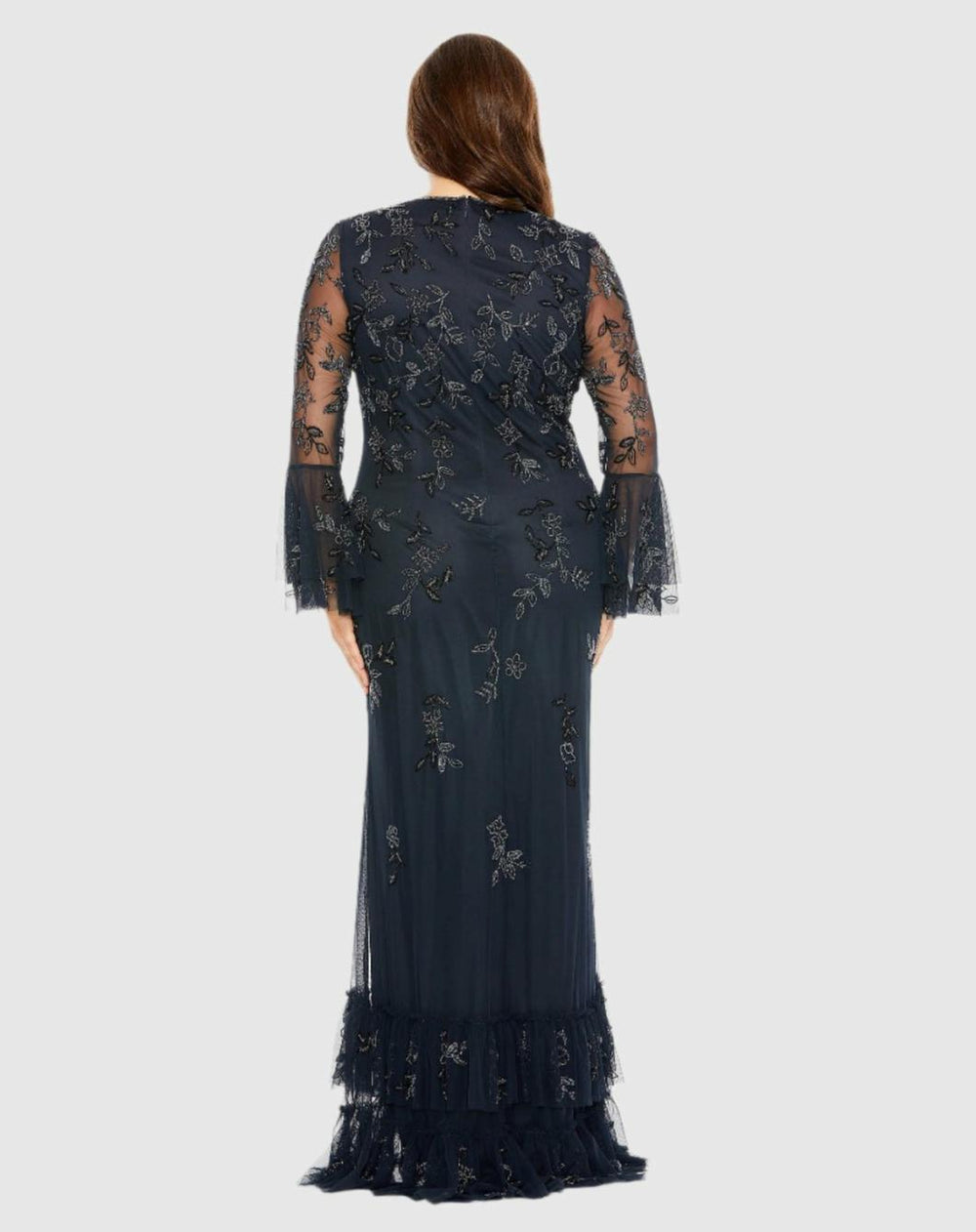 Plus Size Dresses | Women Mac Duggal V Neck Embellished Flutter Tiered Long Sleeve Dress Midnight