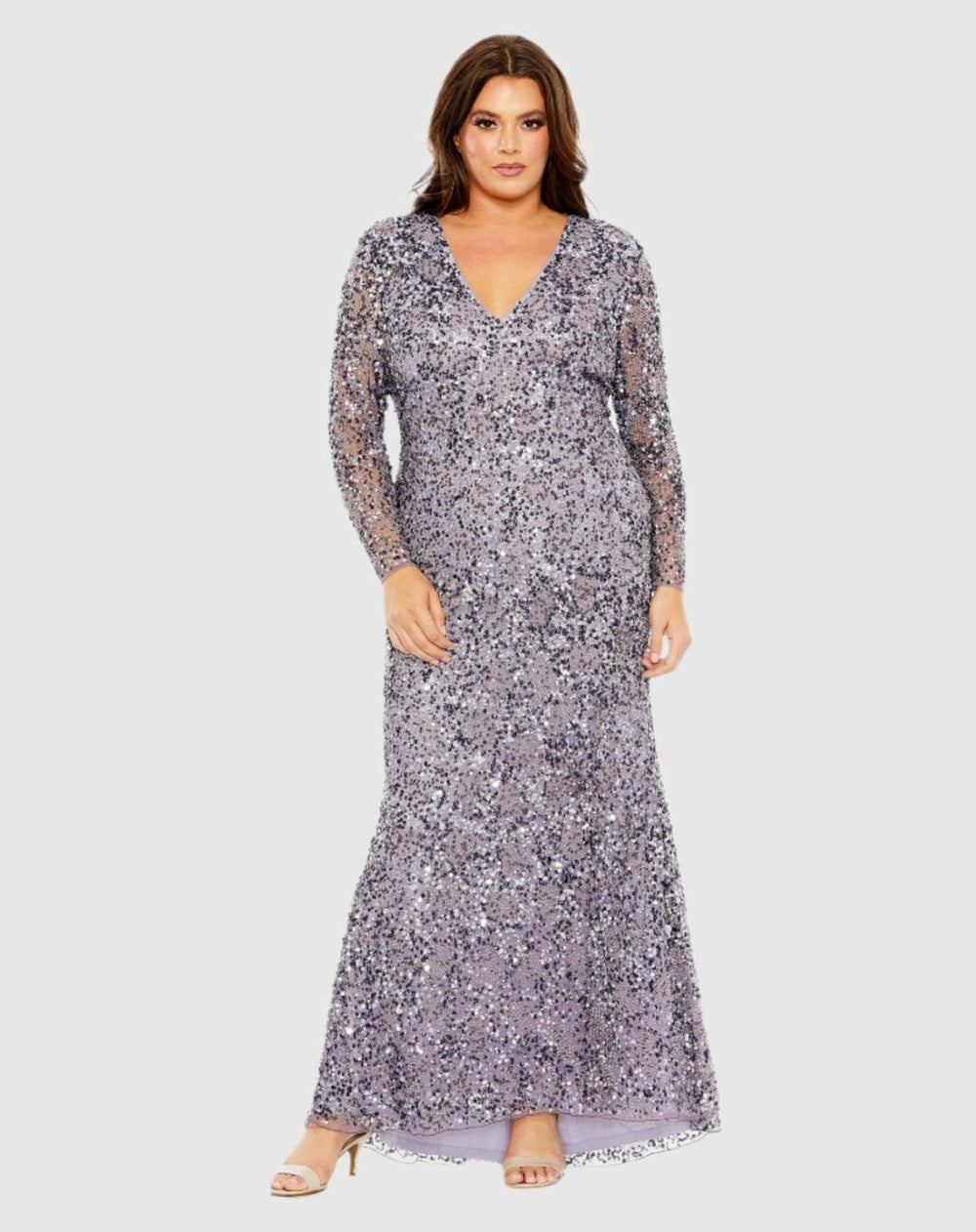 Plus Size Dresses | Women Mac Duggal V Neck Embellished Long Sleeve Dress Vintage Lilac