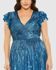 Plus Size Dresses | Women Mac Duggal V-Neck Flutter Sleeve High-Low Gown (Plus) Teal
