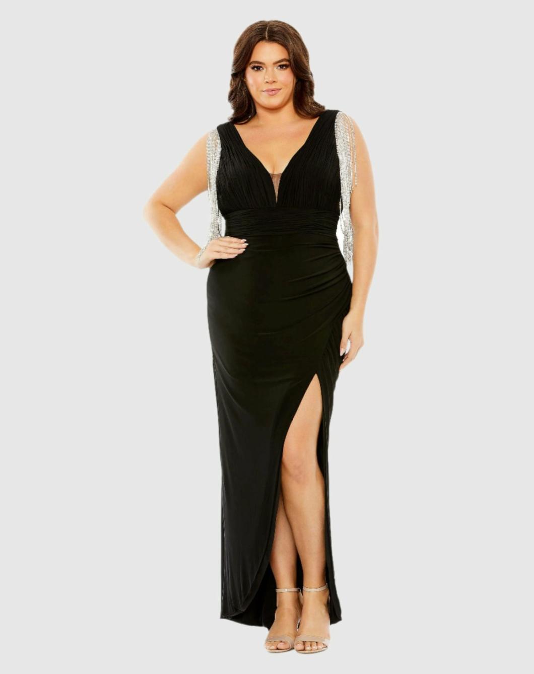 Plus Size Dresses | Women Mac Duggal V-neck Gown With Fringe Detail On Shoulder (Plus) Black