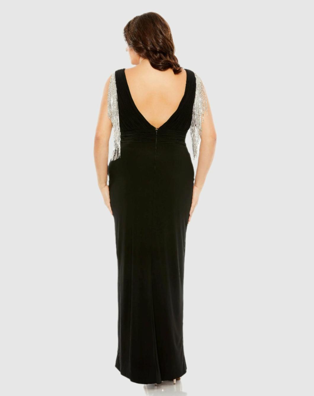 Plus Size Dresses | Women Mac Duggal V-neck Gown With Fringe Detail On Shoulder (Plus) Black