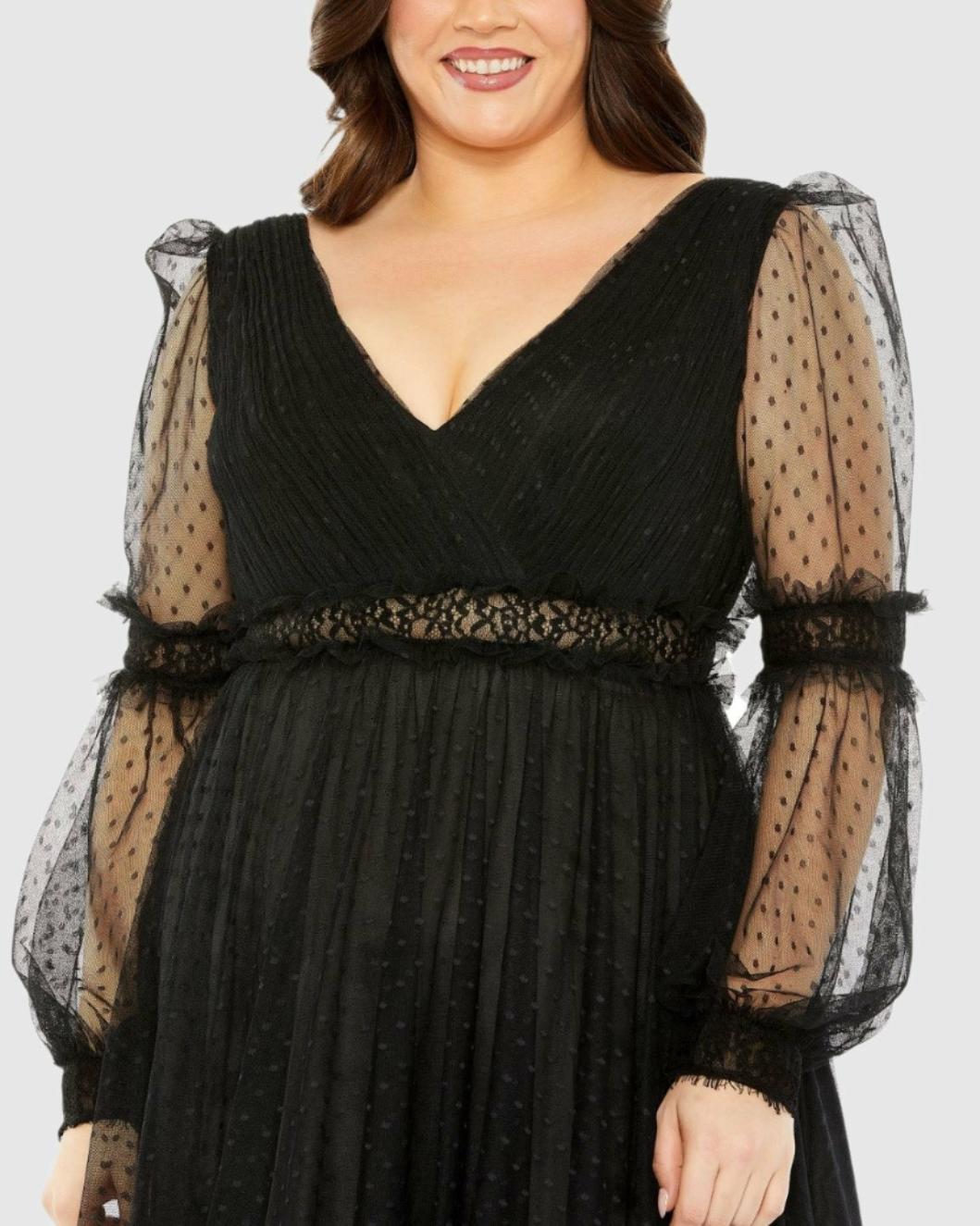 Plus Size Dresses | Women Mac Duggal V Neck Long Sleeve Polka Dot Dress With Lace Belt Black
