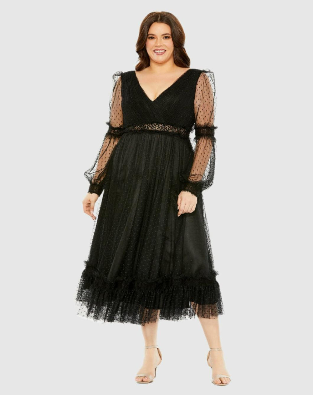 Plus Size Dresses | Women Mac Duggal V Neck Long Sleeve Polka Dot Dress With Lace Belt Black