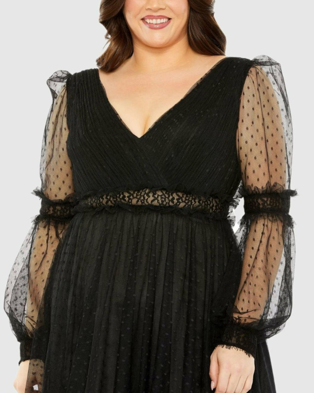 Plus Size Dresses | Women Mac Duggal V Neck Long Sleeve Polka Dot Dress With Lace Belt Black