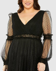 Plus Size Dresses | Women Mac Duggal V Neck Long Sleeve Polka Dot Dress With Lace Belt Black